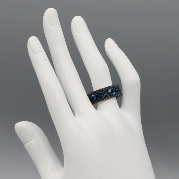 Jewelry ring band 8mm wide blue black stainless steel chain design polished new - Picture 3 of 6